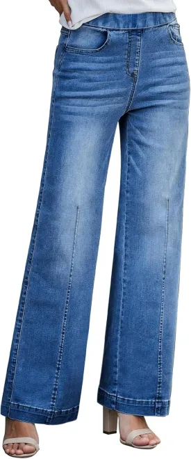 BestGirl Women's Baggy Jeans Pull On Stretchy Loose High Waisted Wide Leg Denim Pants Y2K 90s