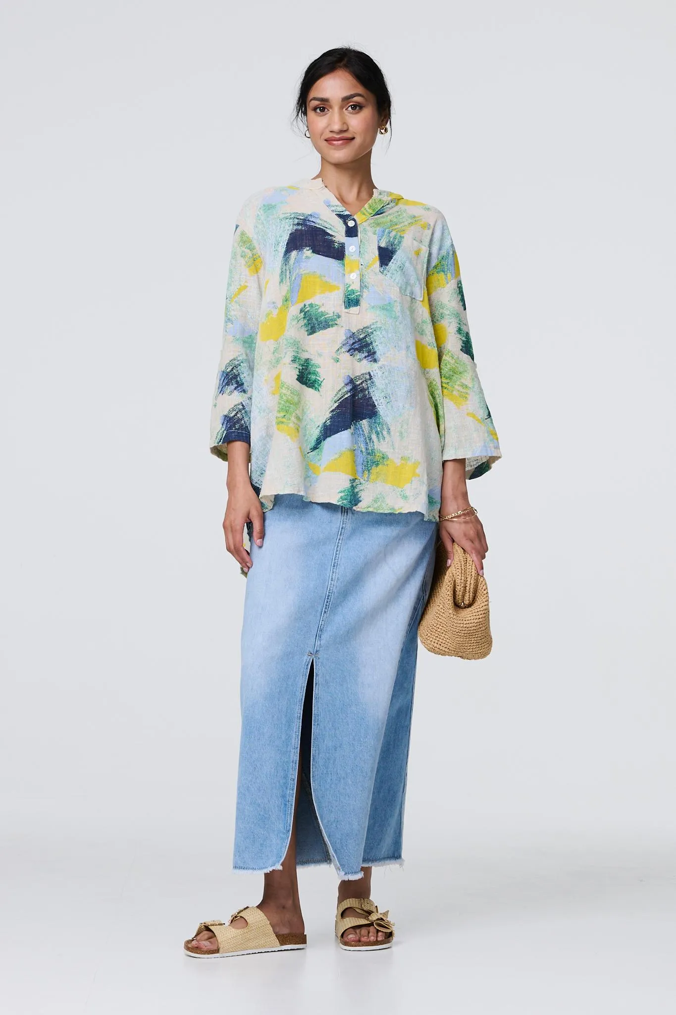 Brushstroke Print Relaxed 3/4 Sleeve Blouse