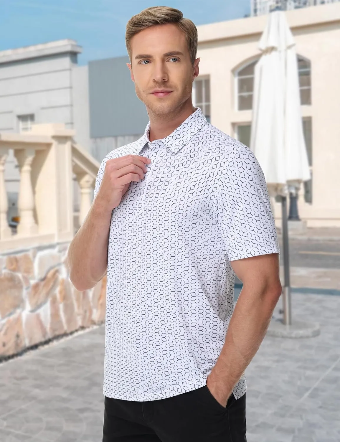 Cotrasen Mens Polo Golf Shirts Moisture Wicking Performance T-Shirts Print Breathable Short Sleeve Polo Shirt for Men