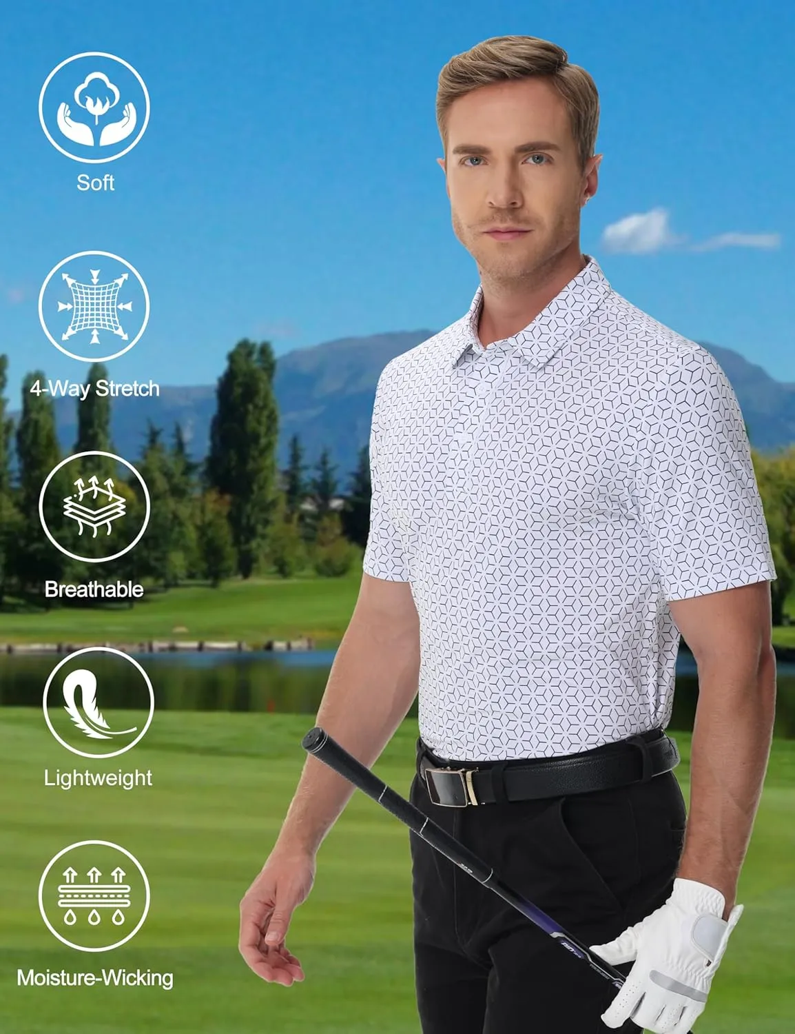 Cotrasen Mens Polo Golf Shirts Moisture Wicking Performance T-Shirts Print Breathable Short Sleeve Polo Shirt for Men