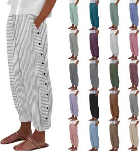 Cotton Linen Pants for Women Striped Print Side Button Pants Baggy Elastic Waist Straight Leg Trousers w Pocket