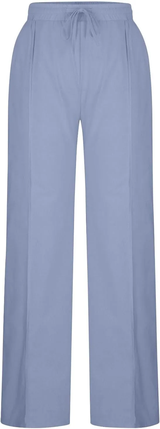 Dressy Cotton Linen Wide Leg Pants for Women Summer Casual Loose Fit Beach Trousers Basic Elastic High Waisted Lounge Pant