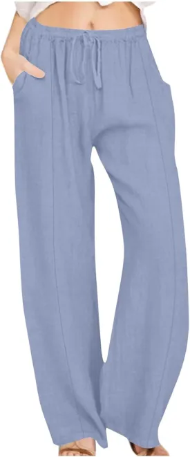 Dressy Cotton Linen Wide Leg Pants for Women Summer Casual Loose Fit Beach Trousers Basic Elastic High Waisted Lounge Pant