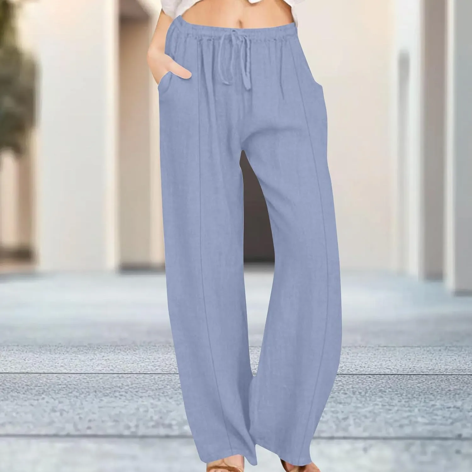 Dressy Cotton Linen Wide Leg Pants for Women Summer Casual Loose Fit Beach Trousers Basic Elastic High Waisted Lounge Pant