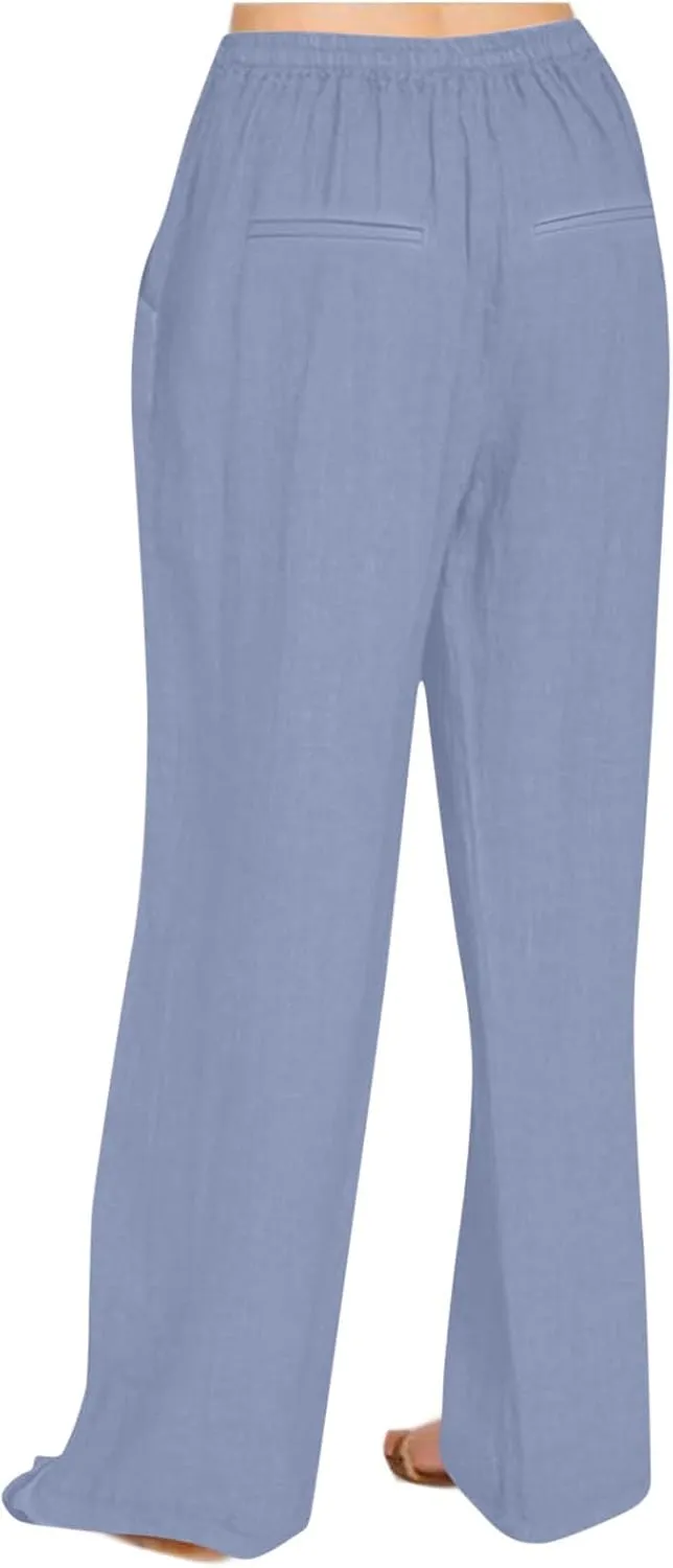 Dressy Cotton Linen Wide Leg Pants for Women Summer Casual Loose Fit Beach Trousers Basic Elastic High Waisted Lounge Pant