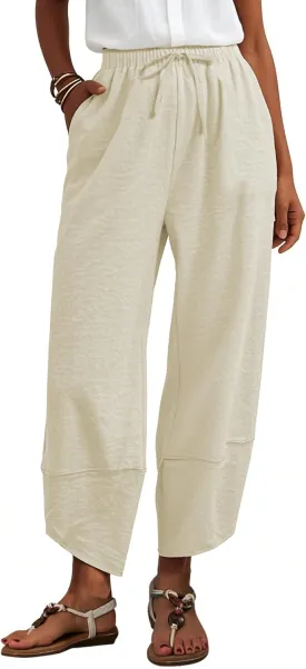 Ficerd Womens Linen Wide Leg Pants, Summer Casual Beach Harem Pants Loose Elastic Waist Drawstring Palazzo Pant with Pockets