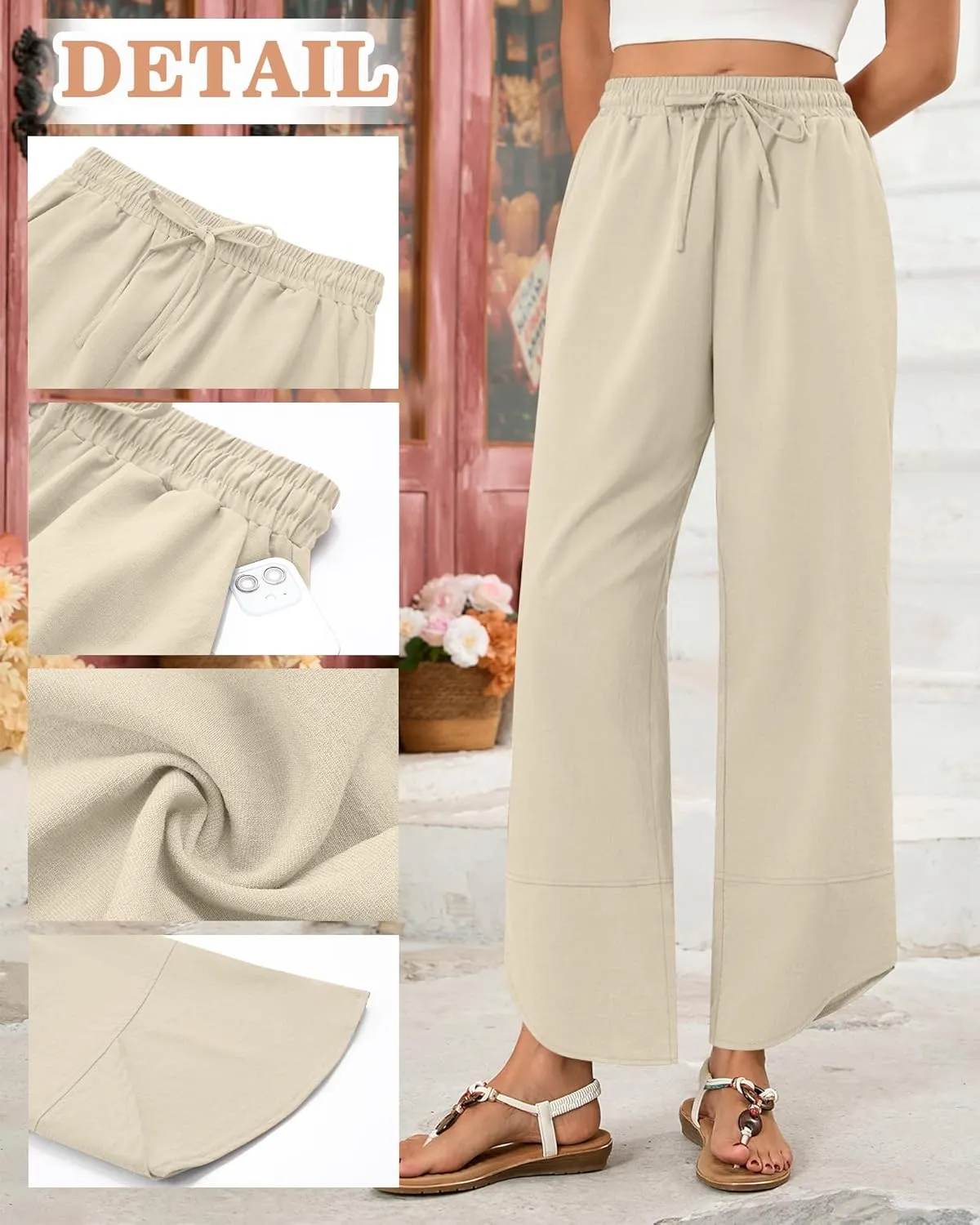 Ficerd Womens Linen Wide Leg Pants, Summer Casual Beach Harem Pants Loose Elastic Waist Drawstring Palazzo Pant with Pockets