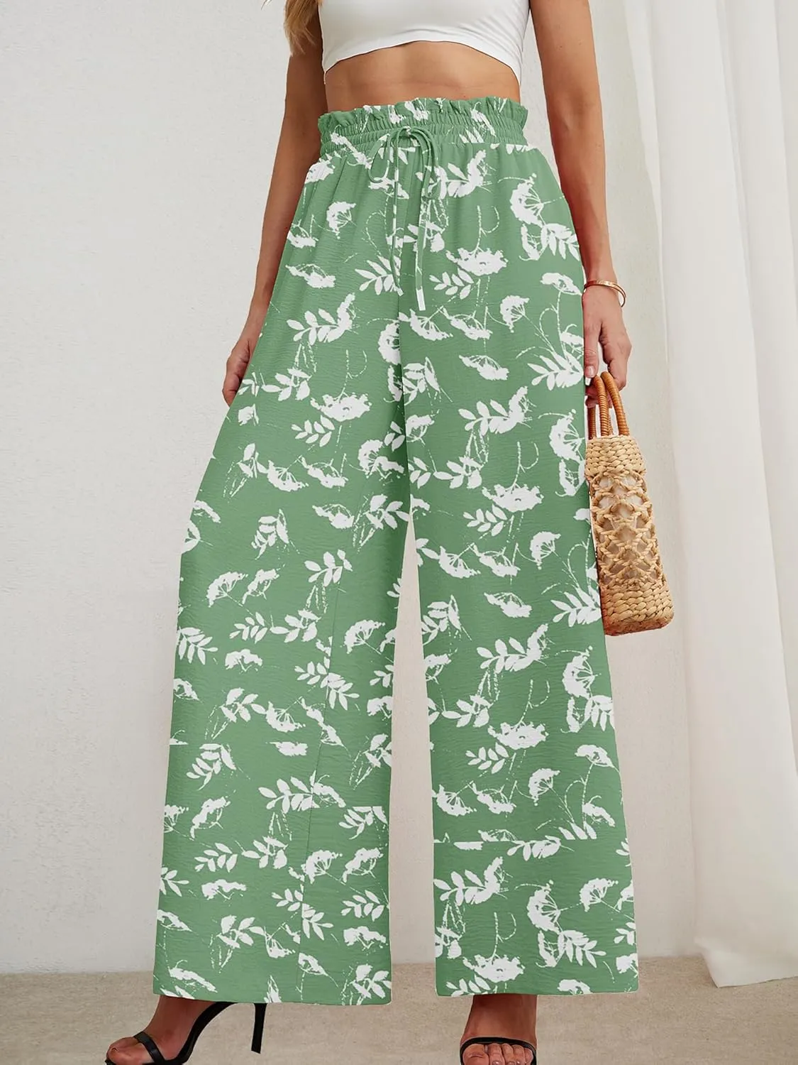 Heymoments Women's Wide Leg Lounge Pants Lightweight High Waisted Adjustable Tie Knot Loose Trousers with Pockets