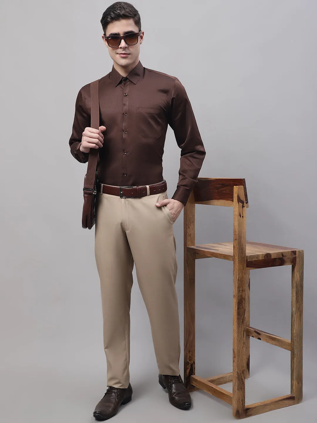 Men'S Beige Tapered Fit Formal Trousers