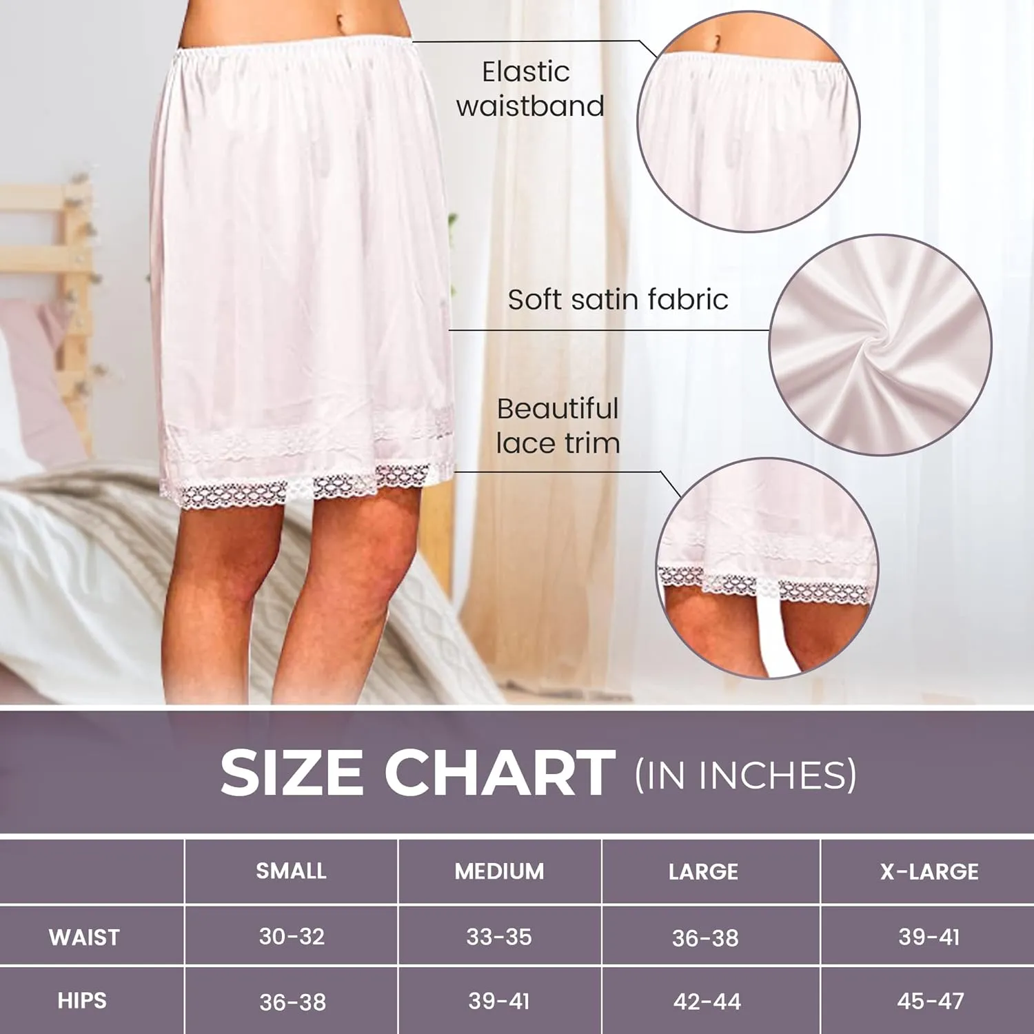 Patricia Lingerie Women's Soft Satin Snip It Half Slip Custom Length Cling Free with Lace Trim, Elastic Waistband