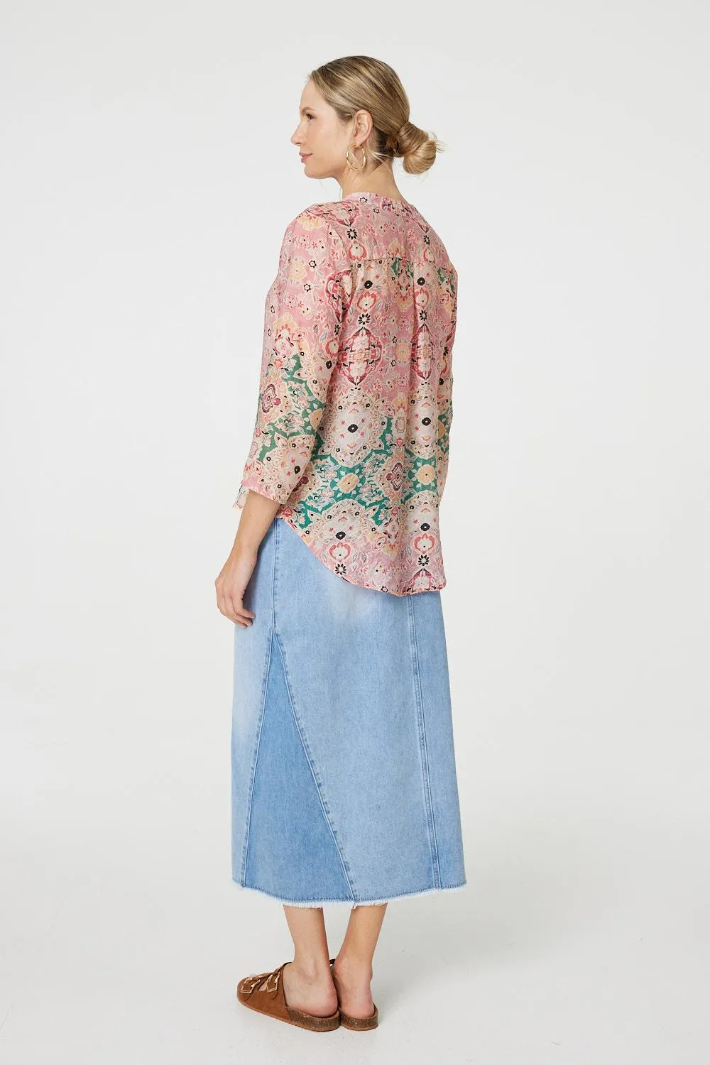 Printed 3/4 Sleeve V-Neck Relaxed Blouse