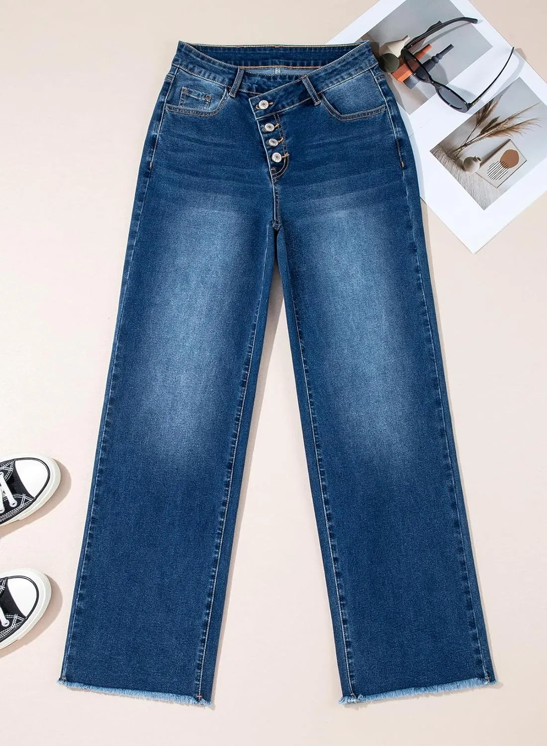 Sidefeel Women's Wide Leg Jeans High Waisted Stretchy Baggy Raw Hem Crossover Button Denim Pants