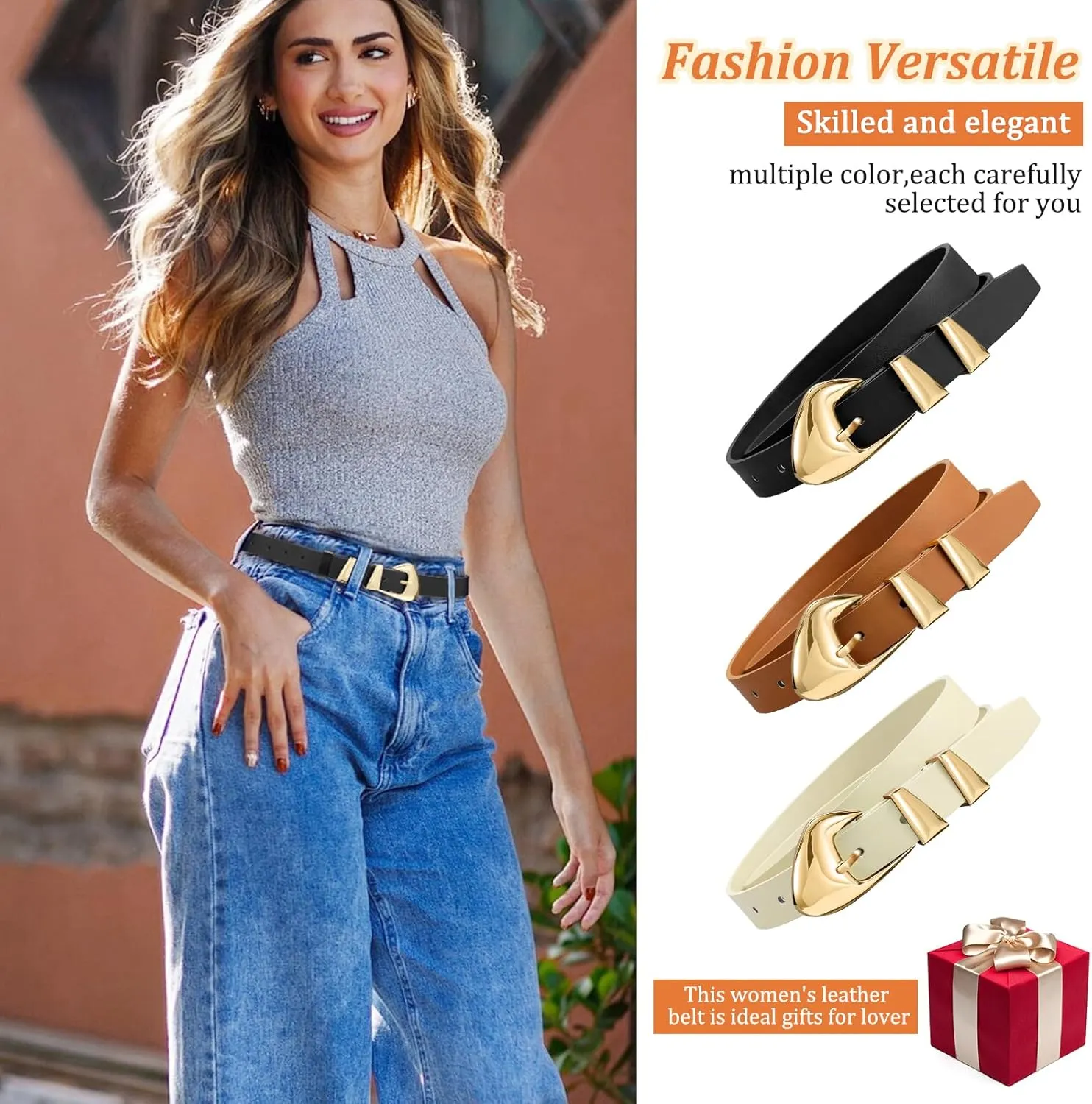 Skinny Belt, Black Leather Belt Women Belts for Jeans Dresses Pants with Adjustable belt Buckle 1 Width