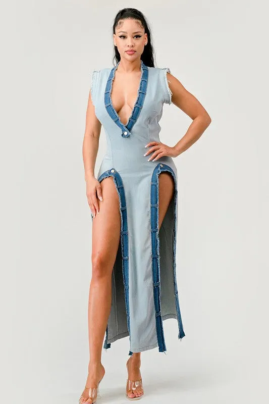 TEEK - Denim Trip Slits Pullover Dress