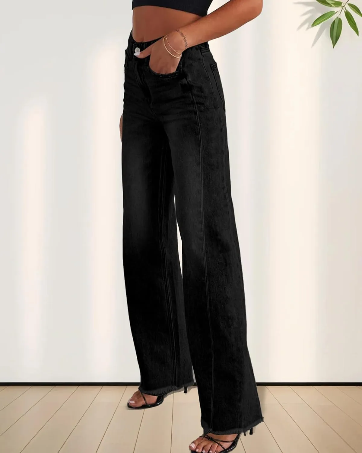 Trendy Women's Baggy Wide Leg Jeans High Rise Stretchy Denim Pants with Raw Hem & Comfort Fit