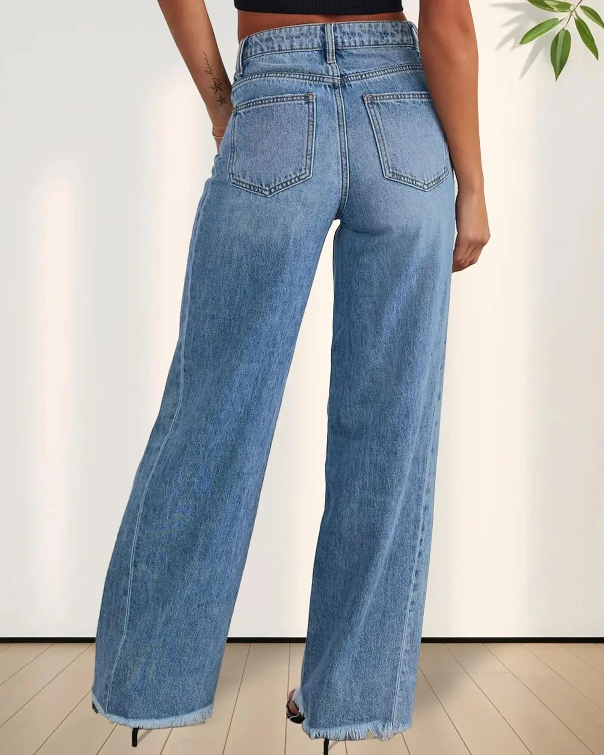 Trendy Women's Baggy Wide Leg Jeans High Rise Stretchy Denim Pants with Raw Hem & Comfort Fit