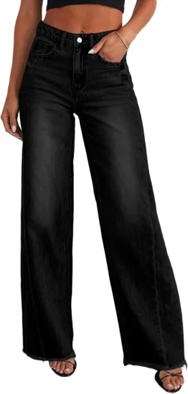 Trendy Women's Baggy Wide Leg Jeans High Rise Stretchy Denim Pants with Raw Hem & Comfort Fit