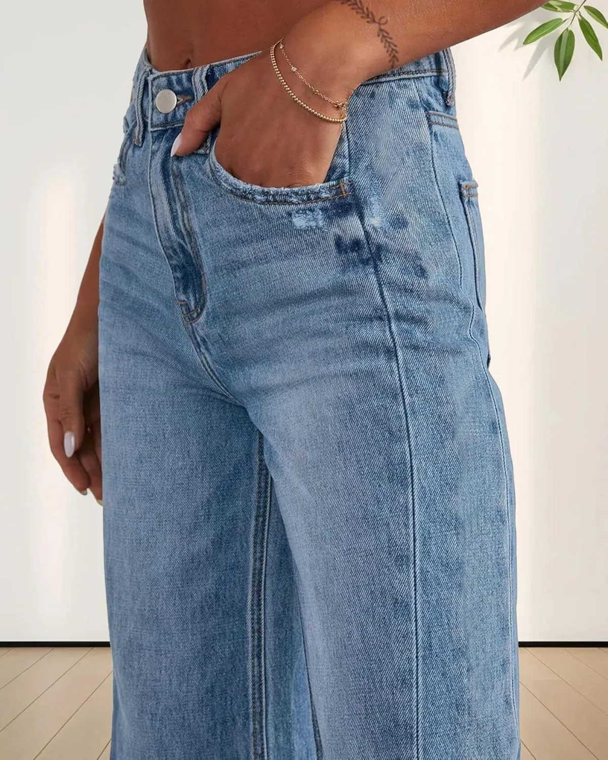 Trendy Women's Baggy Wide Leg Jeans High Rise Stretchy Denim Pants with Raw Hem & Comfort Fit