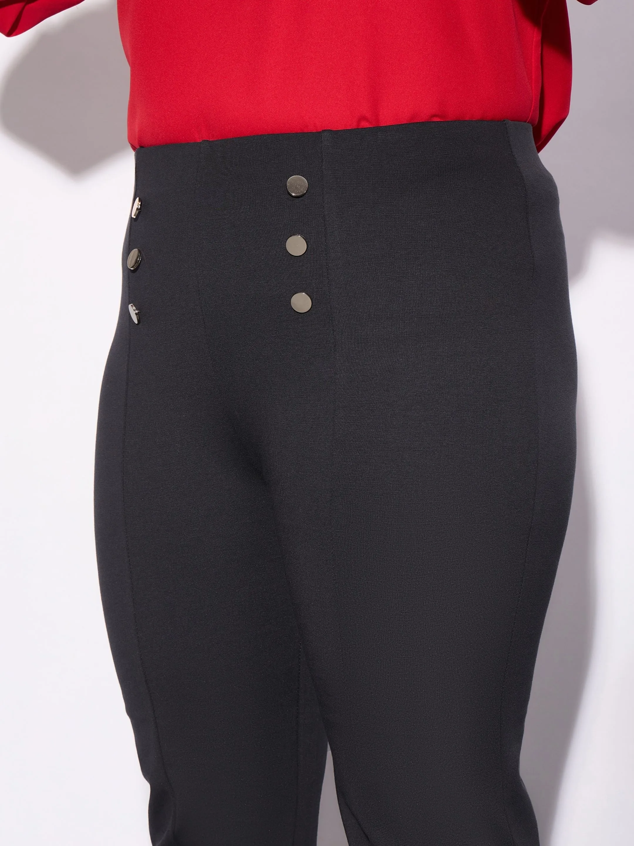 Women Grey Mock Button Detail Bell Bottom Trousers