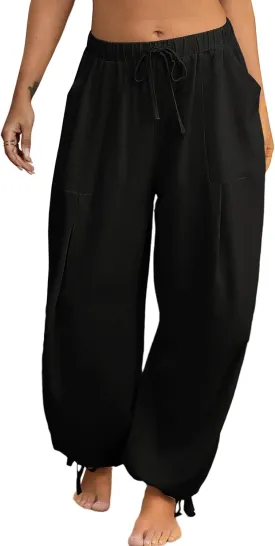 Women Linen Harem Pants Summer Drawstring Casual Lounge Baggy Pant Beach Travel Vacation Trousers with Pockets