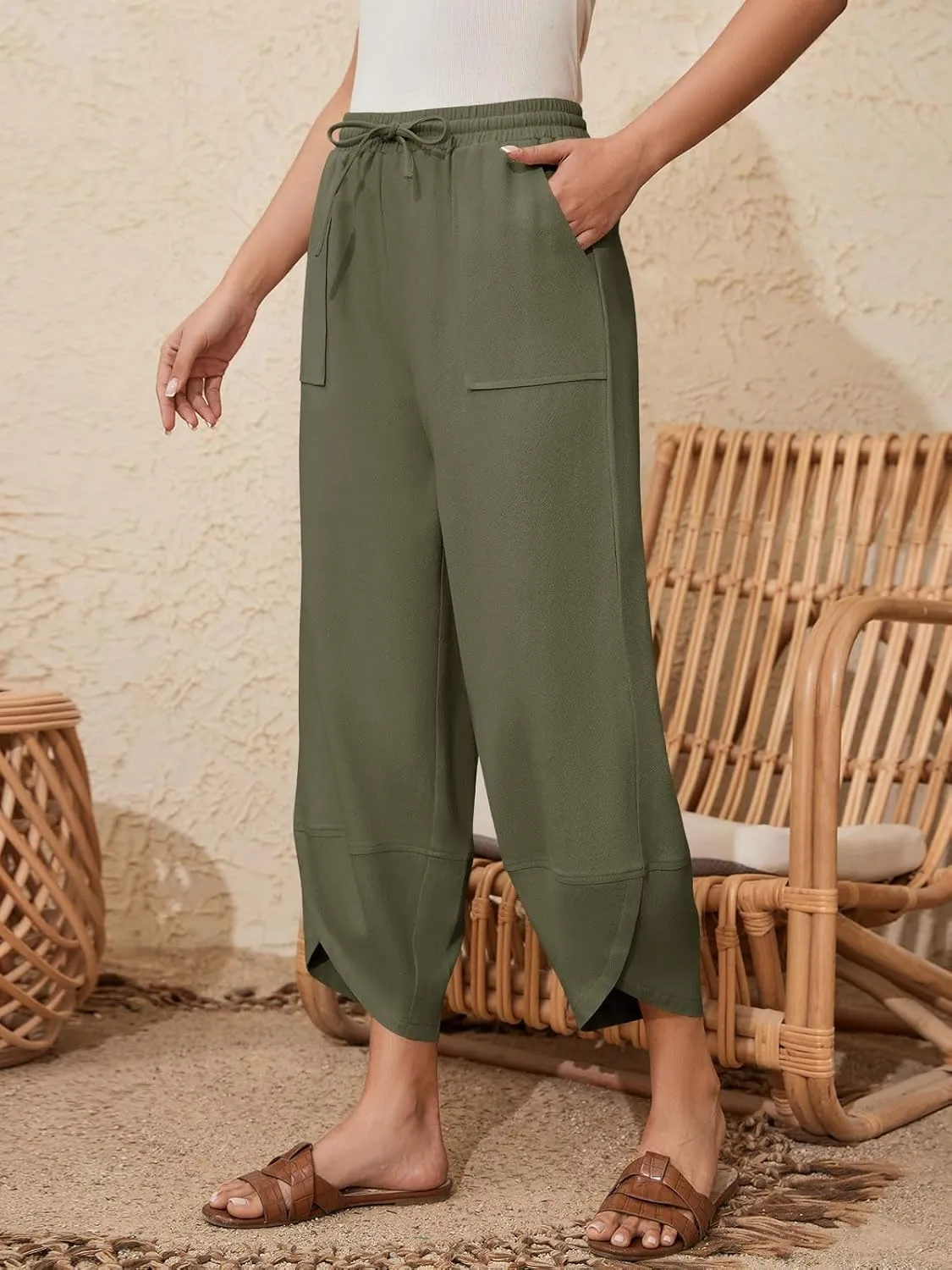 Womens Barrel Harem Linen Pants Wide Leg Pants Baggy Sweatpants Palazzo Drawstring Elastic Waist with Pockets Beach