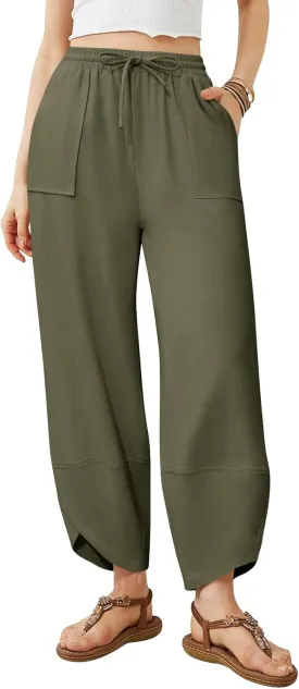 Womens Barrel Harem Linen Pants Wide Leg Pants Baggy Sweatpants Palazzo Drawstring Elastic Waist with Pockets Beach