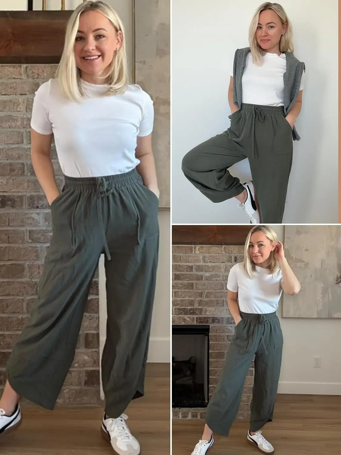 Womens Barrel Harem Linen Pants Wide Leg Pants Baggy Sweatpants Palazzo Drawstring Elastic Waist with Pockets Beach