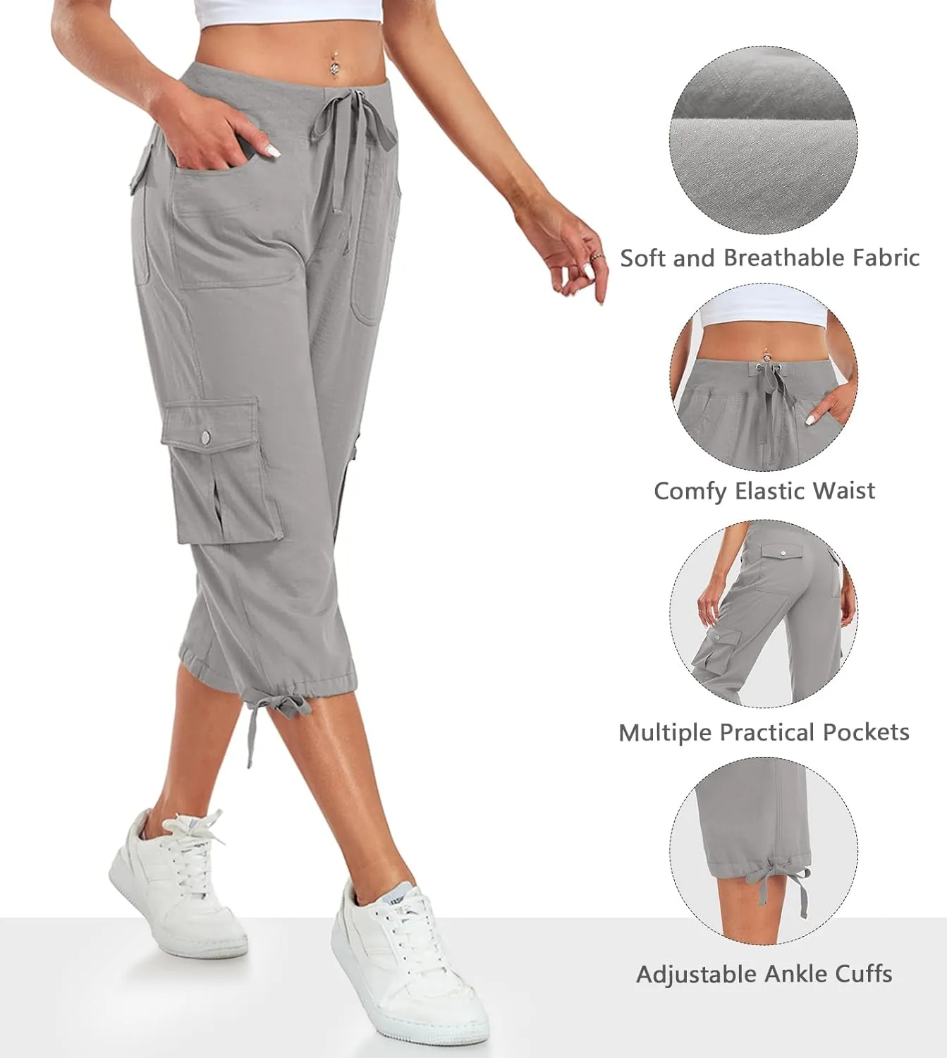 Women's Cargo Capris Pants Lightweight Quick Dry Hiking Pants Baggy Casual Outdoor Travel Cute Pants with 6 Pockets