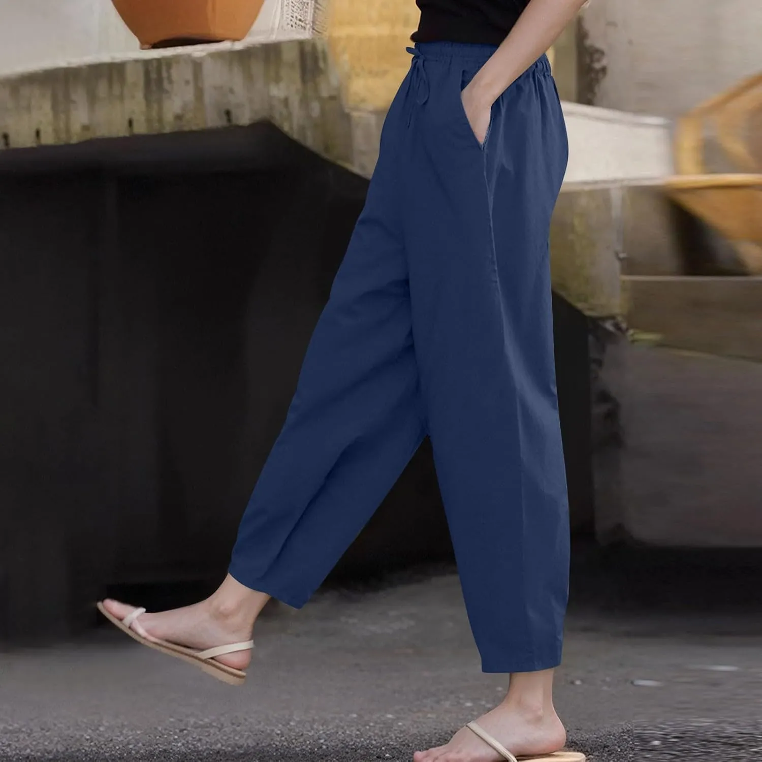 Women's Fashion Elastic Lightweight Breathable Lace Trim Vintage Casual Dressy Loose Fit Pants