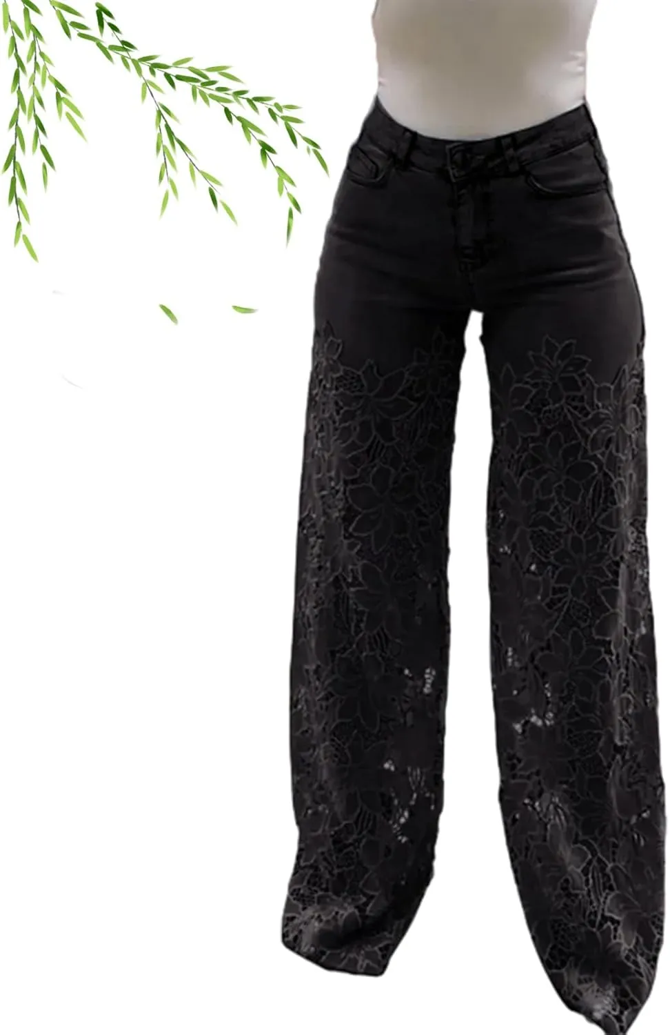 Women's Lace Patchwork Hollow Jeans, High Waisted Casual Vintage Baggy Straight Wide Leg Denim Pants Trouser