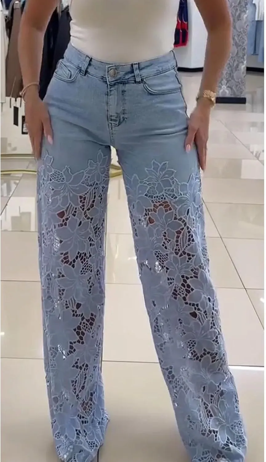 Women's Lace Patchwork Hollow Jeans, High Waisted Casual Vintage Baggy Straight Wide Leg Denim Pants Trouser