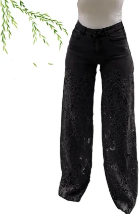 Women's Lace Patchwork Hollow Jeans, High Waisted Casual Vintage Baggy Straight Wide Leg Denim Pants Trouser