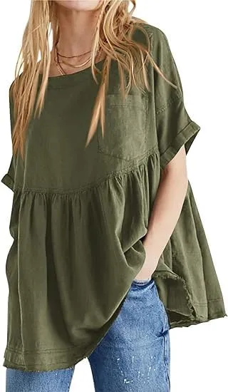 Women's Plus Size Summer Babydoll Tops, Casual Loose Fit Peplum Oversized Tunic Shirts