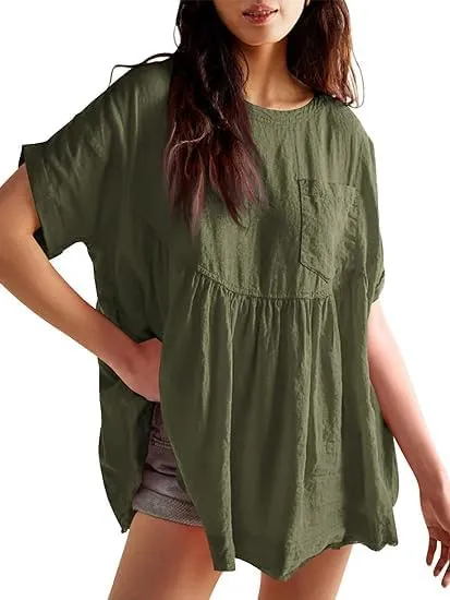 Women's Plus Size Summer Babydoll Tops, Casual Loose Fit Peplum Oversized Tunic Shirts
