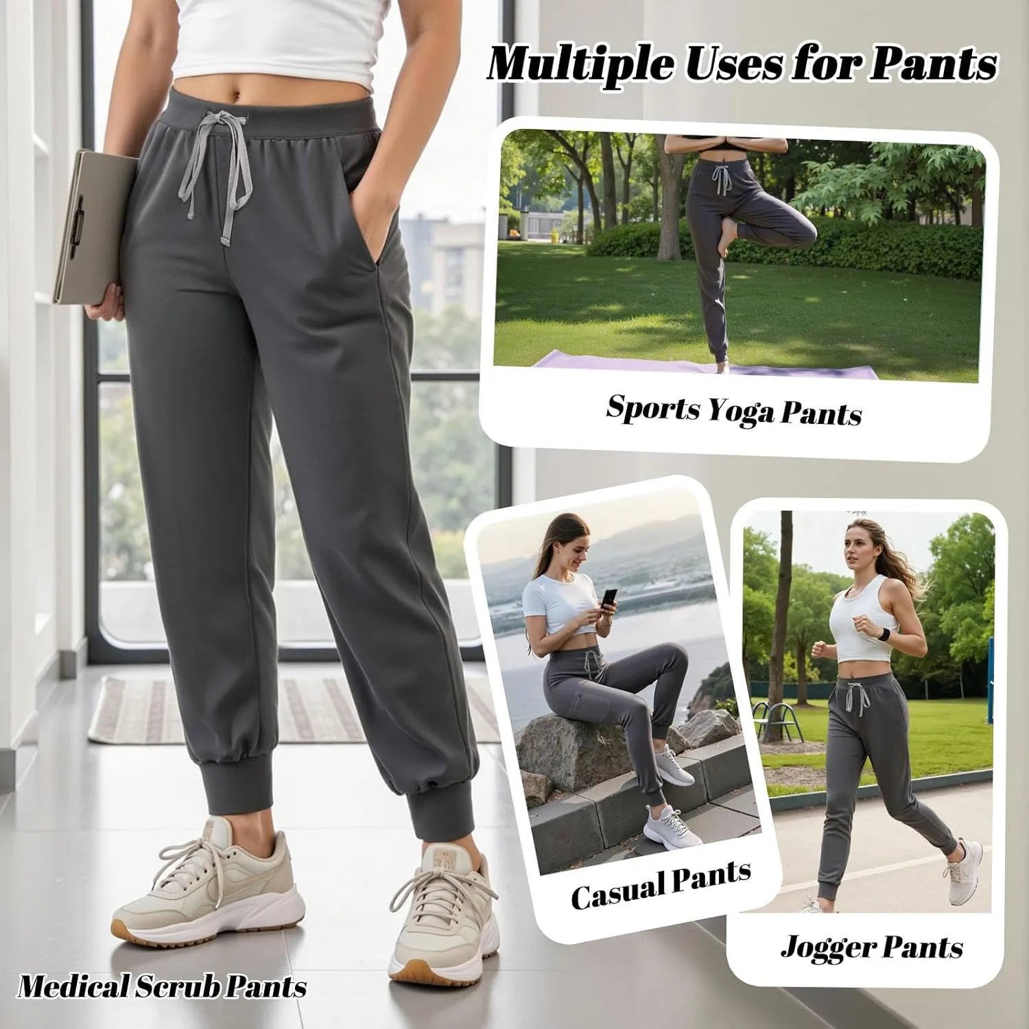 Women's Scrub Pants, Lightweight Soft Stretch Yoga Jogger with Elastic Drawstring Waistband, Mid-Rise Slim Fit Cargo Pants