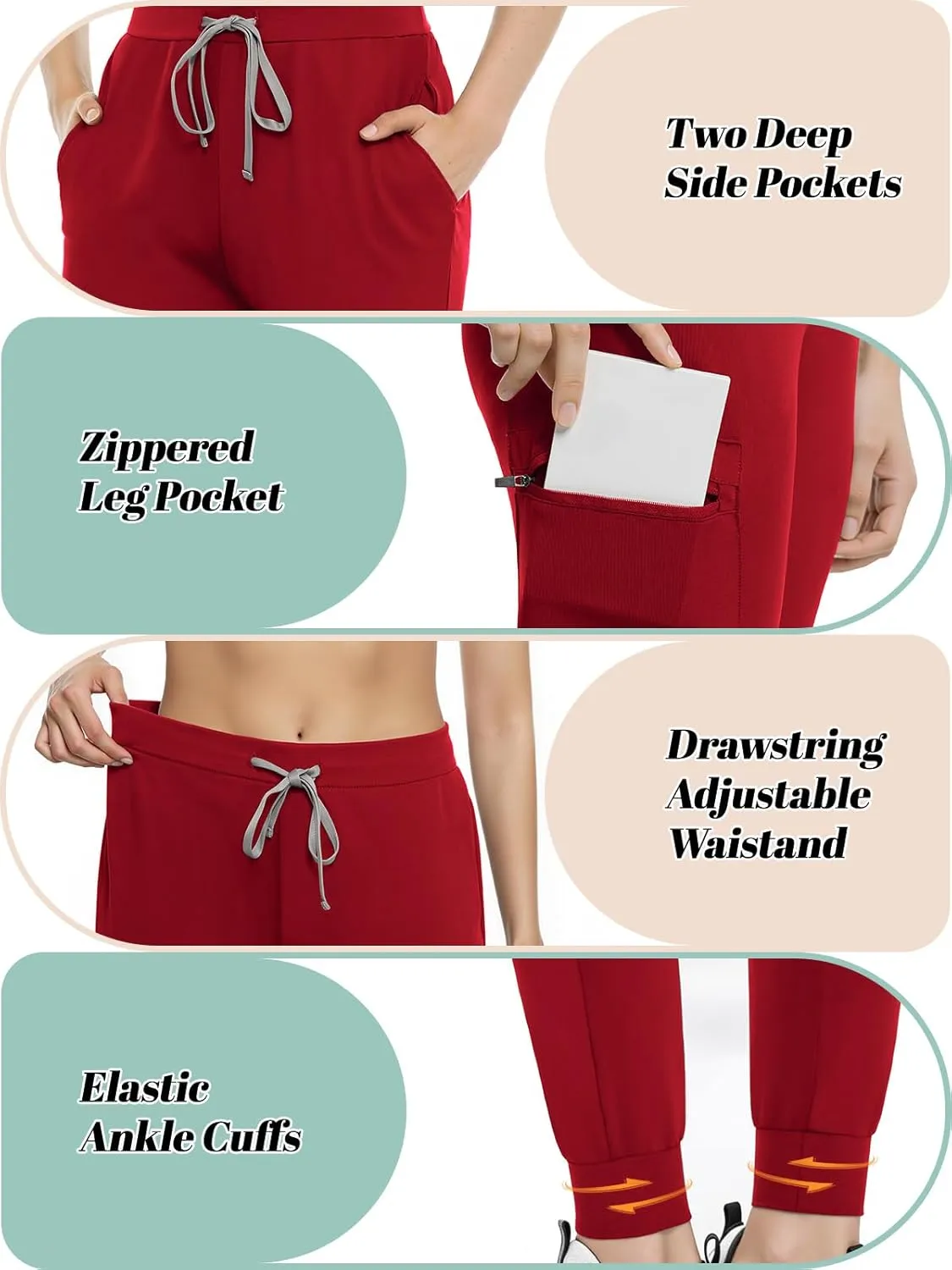 Women's Scrub Pants, Lightweight Soft Stretch Yoga Jogger with Elastic Drawstring Waistband, Mid-Rise Slim Fit Cargo Pants