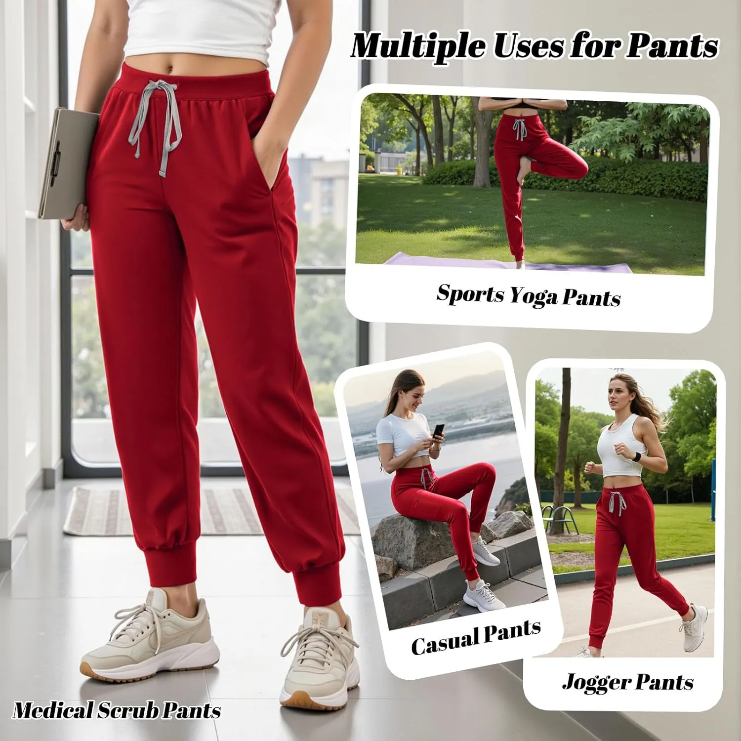 Women's Scrub Pants, Lightweight Soft Stretch Yoga Jogger with Elastic Drawstring Waistband, Mid-Rise Slim Fit Cargo Pants