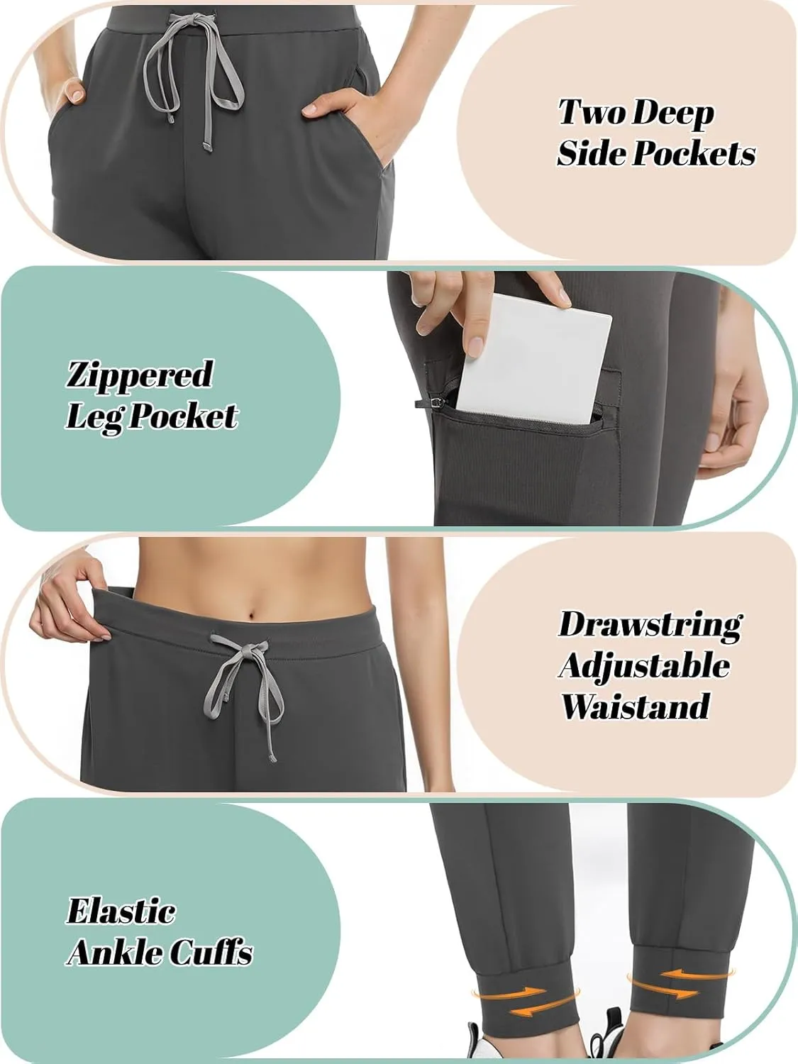 Women's Scrub Pants, Lightweight Soft Stretch Yoga Jogger with Elastic Drawstring Waistband, Mid-Rise Slim Fit Cargo Pants