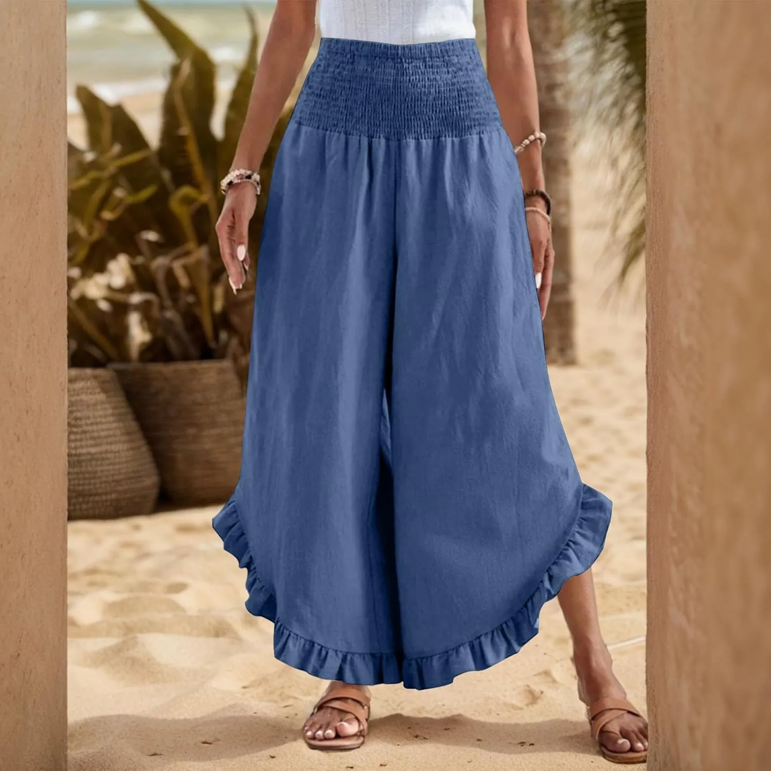Women's Solid Color Elastic Waist Slim Pleated Petal Dressy Casual Loose Fit Trousers