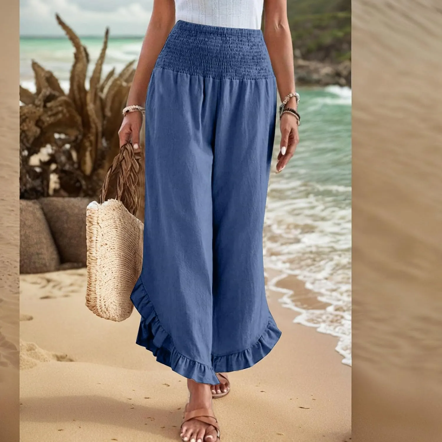 Women's Solid Color Elastic Waist Slim Pleated Petal Dressy Casual Loose Fit Trousers