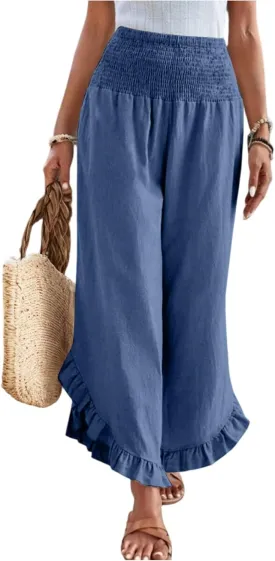 Women's Solid Color Elastic Waist Slim Pleated Petal Dressy Casual Loose Fit Trousers