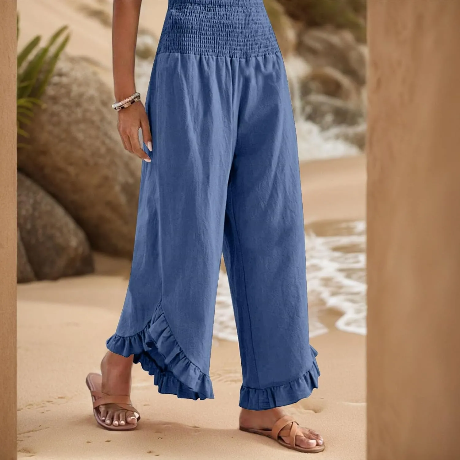 Women's Solid Color Elastic Waist Slim Pleated Petal Dressy Casual Loose Fit Trousers