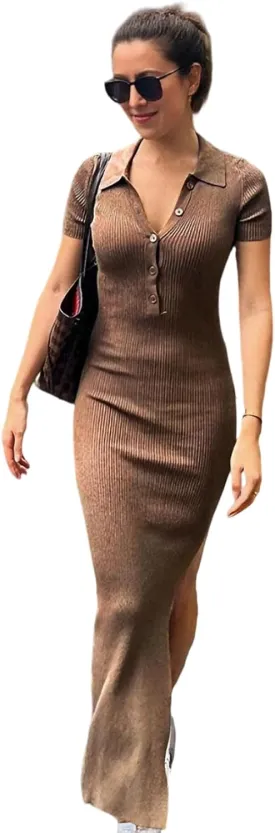 Women's V Neck Ribbed Knit Maxi Dress Button Short Sleeve Slim Fit Bodycon Side Split Hem Sweater Dress