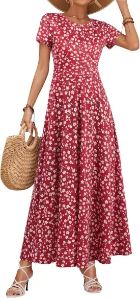 ZABERRY Women's 2024 Short Sleeve Round Neck Casual Summer Flowy Maxi Spring Dresses with Pockets