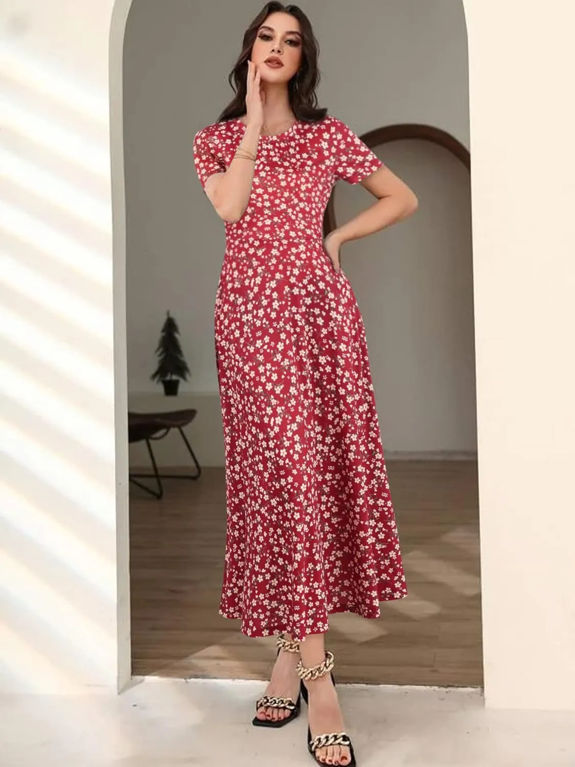 ZABERRY Women's 2024 Short Sleeve Round Neck Casual Summer Flowy Maxi Spring Dresses with Pockets