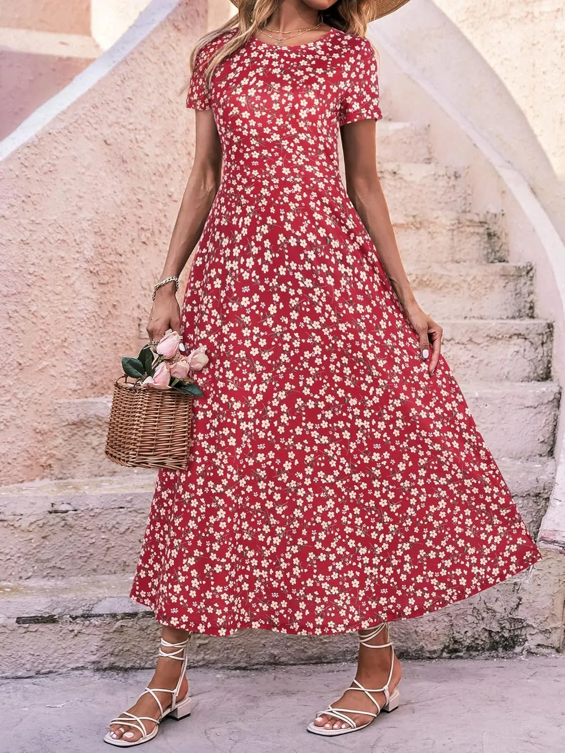 ZABERRY Women's 2024 Short Sleeve Round Neck Casual Summer Flowy Maxi Spring Dresses with Pockets