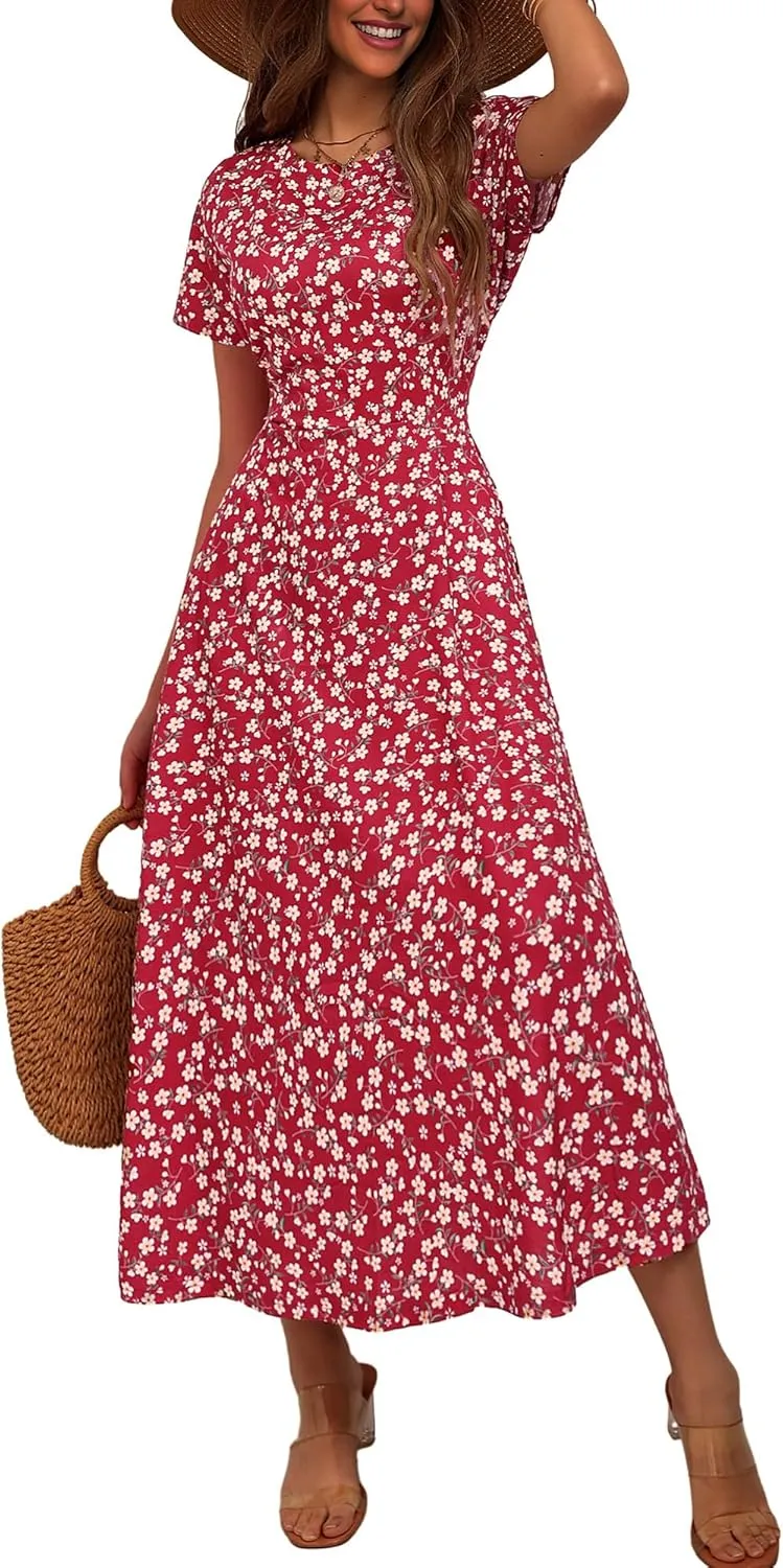 ZABERRY Women's 2024 Short Sleeve Round Neck Casual Summer Flowy Maxi Spring Dresses with Pockets