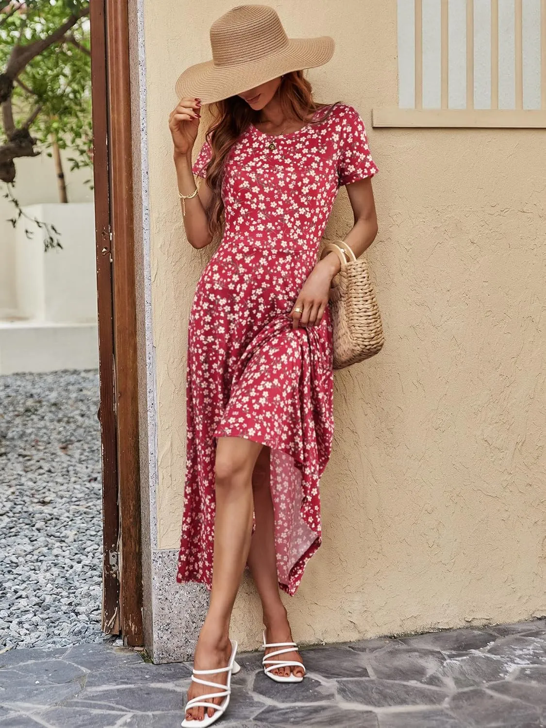 ZABERRY Women's 2024 Short Sleeve Round Neck Casual Summer Flowy Maxi Spring Dresses with Pockets
