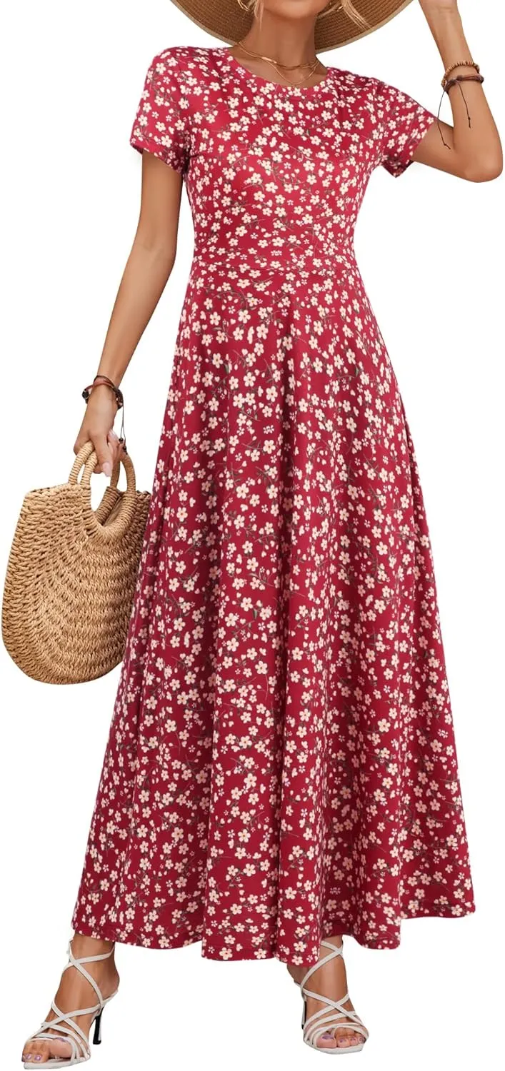 ZABERRY Women's 2024 Short Sleeve Round Neck Casual Summer Flowy Maxi Spring Dresses with Pockets